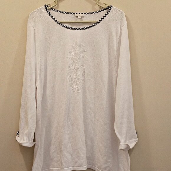 Women's Talbots Pineapple Pullover Sweater White with Gingham Trim Size 3X - Picture 1 of 7